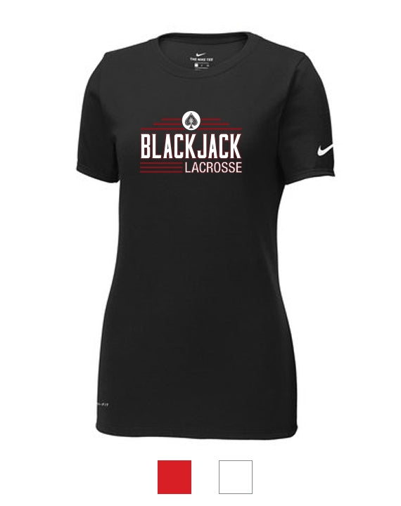 Blackjack Elite Lacrosse - Nike Dri-Fit Cotton/Poly Scoop Neck Tee Black - Blackjack Lacrosse Logo w/ Red Lines & White Font Full Chest #MWS options