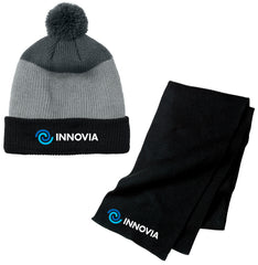 INNOVIA Holiday Shop - Port & Co™ Knitted Scarf & Port Authority® Cozy Striped Pom Beanie