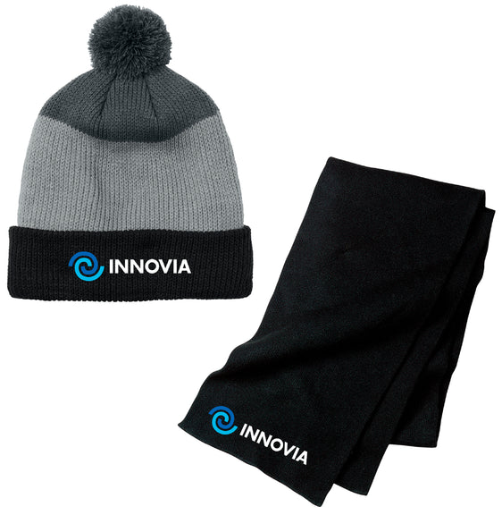 INNOVIA Holiday Shop - Port & Co™ Knitted Scarf & Port Authority® Cozy Striped Pom Beanie
