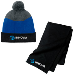 INNOVIA Holiday Shop - Port & Co™ Knitted Scarf & Port Authority® Cozy Striped Pom Beanie
