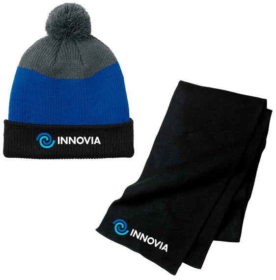 INNOVIA Holiday Shop - Port & Co™ Knitted Scarf & Port Authority® Cozy Striped Pom Beanie