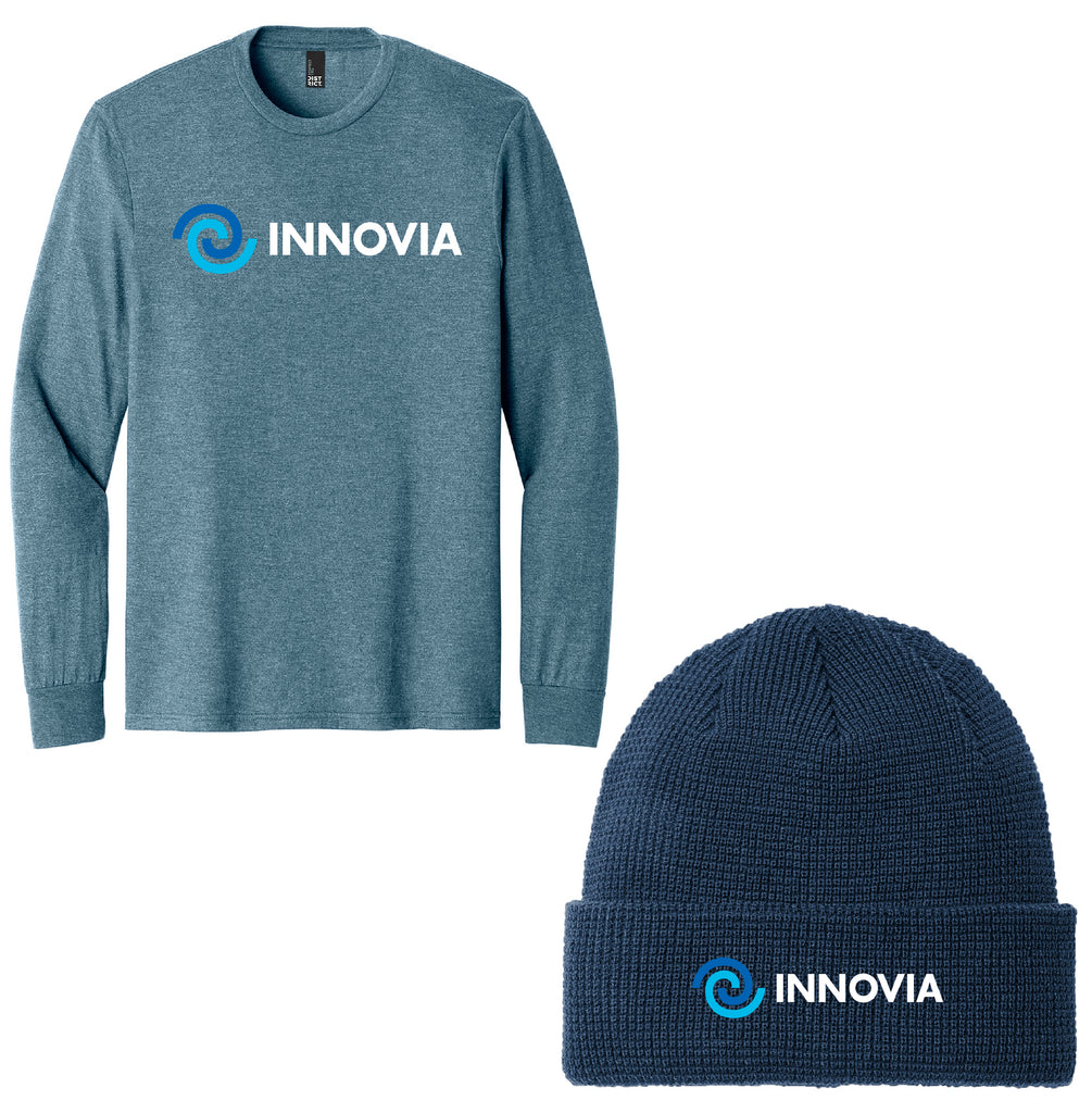 INNOVIA Holiday Shop - Port Authority® Thermal Knit Cuffed Beanie & District® Perfect Tri® Long Sleeve Tee