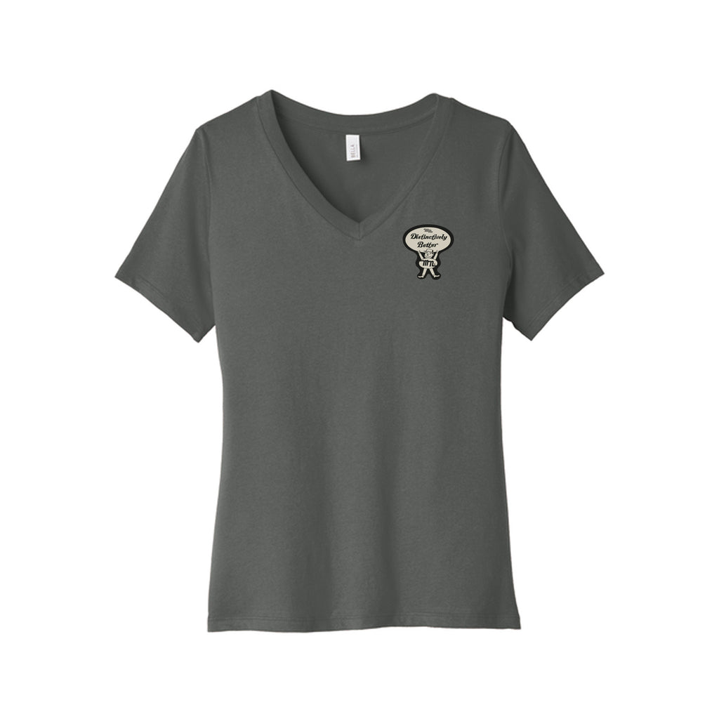 Monrovia 100 Years - BELLA+CANVAS® Women’s Relaxed Jersey Short Sleeve V-Neck Tee - Left Chest