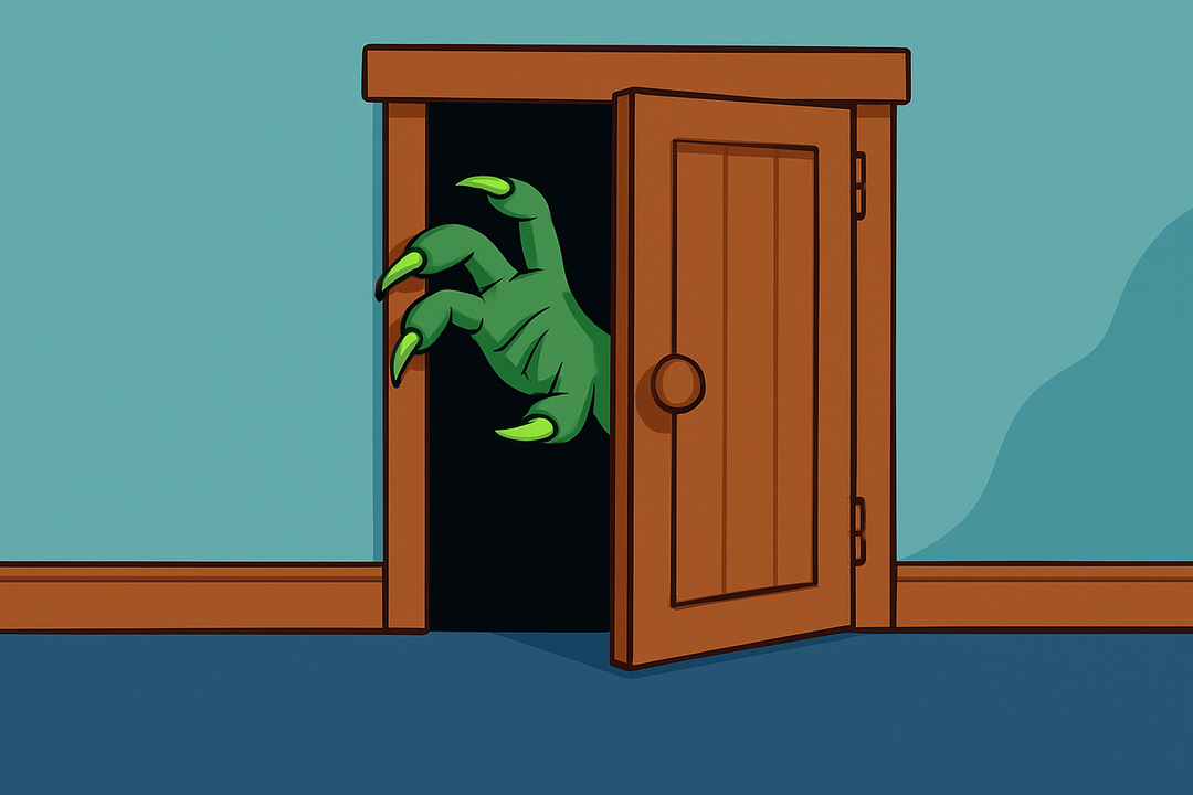 Cartoon closet with monster hand grabbing door