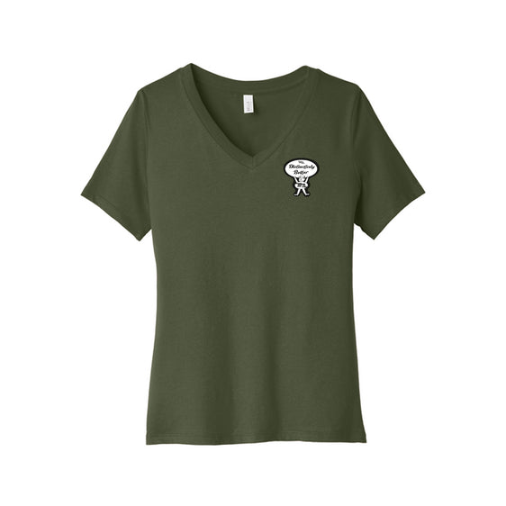 Monrovia 100 Years - BELLA+CANVAS® Women’s Relaxed Jersey Short Sleeve V-Neck Tee - Left Chest