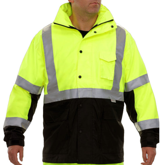 Reflective Apparel Store - SAFETY JACKET: HI-VIS PARKA: BREATHABLE WATERPROOF HOODED: 2-TONE LIME