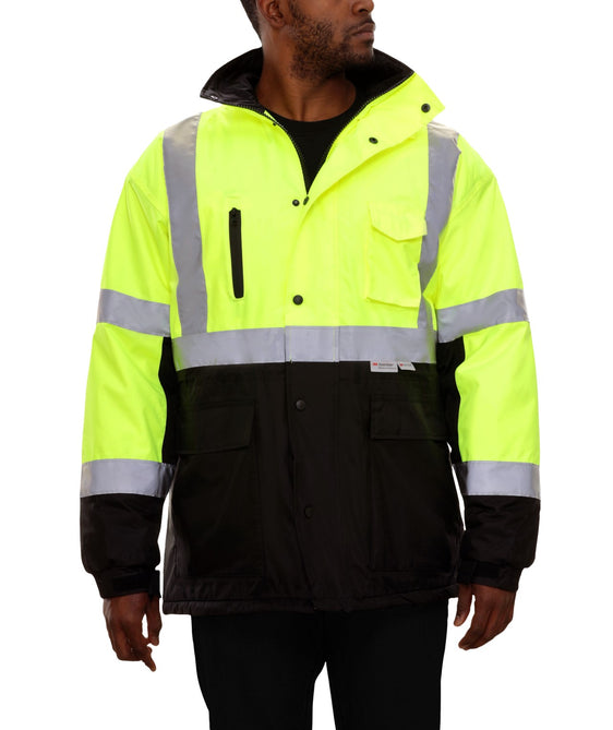 Reflective Apparel Store - SAFETY JACKET: THINSULATETM PARKA: BREATHABLE WATERPROOF HOODED: 2-TONE LIME