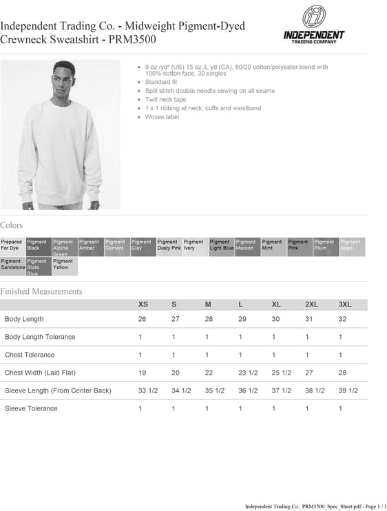 Perry County Services - Independent Trading Co. - Midweight Pigment-Dyed Crewneck Sweatshirt