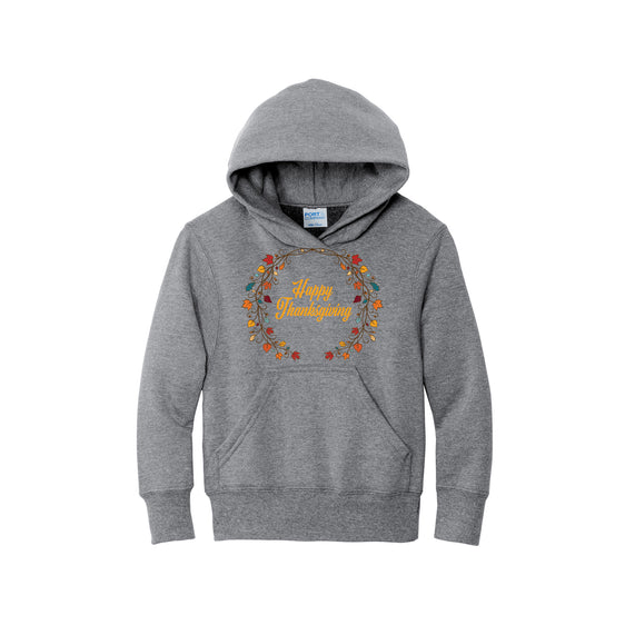 2022 Thanksgiving Store - Happy Thanksgiving Wreath Youth Core Fleece Pullover Hooded Sweatshirt