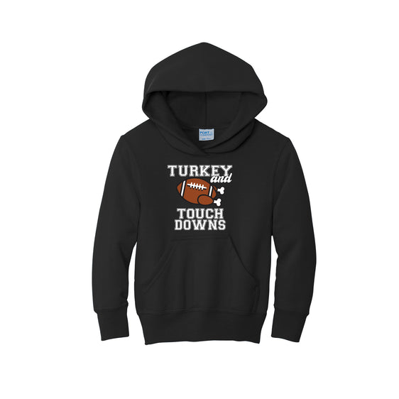 2022 Thanksgiving Store - Turkey & Touchdowns Youth Core Fleece Pullover Hooded Sweatshirt