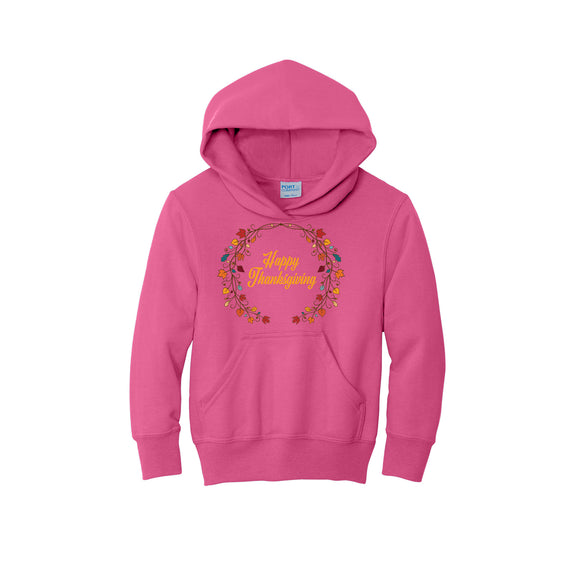 2022 Thanksgiving Store - Happy Thanksgiving Wreath Youth Core Fleece Pullover Hooded Sweatshirt
