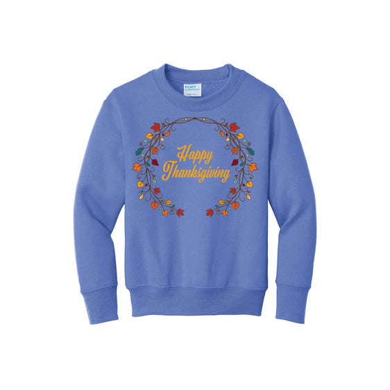 2022 Thanksgiving Store - Happy Thanksgiving Wreath Youth Core Fleece Crewneck Sweatshirt